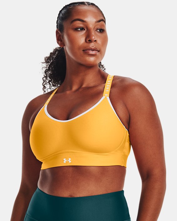 Women's UA Infinity Low Covered Sports Bra, Yellow, pdpMainDesktop image number 3